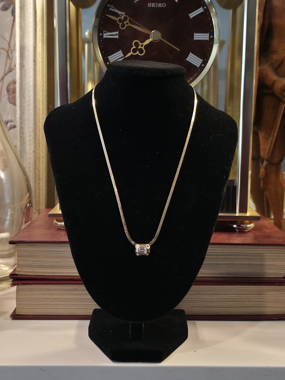 Vintage 1980s Givenchy Emerald Cut Crystal Pendant Necklace Signed 4G Clasp